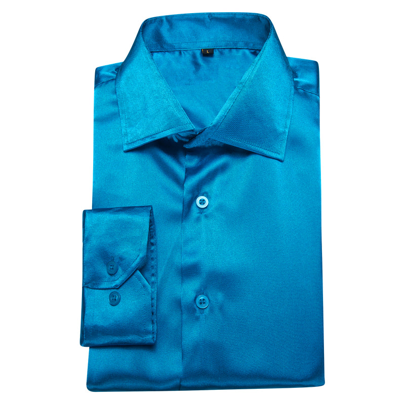 Blue Solid Silk Men's Dress Shirt shirt    - Sophisticated Gentlemen