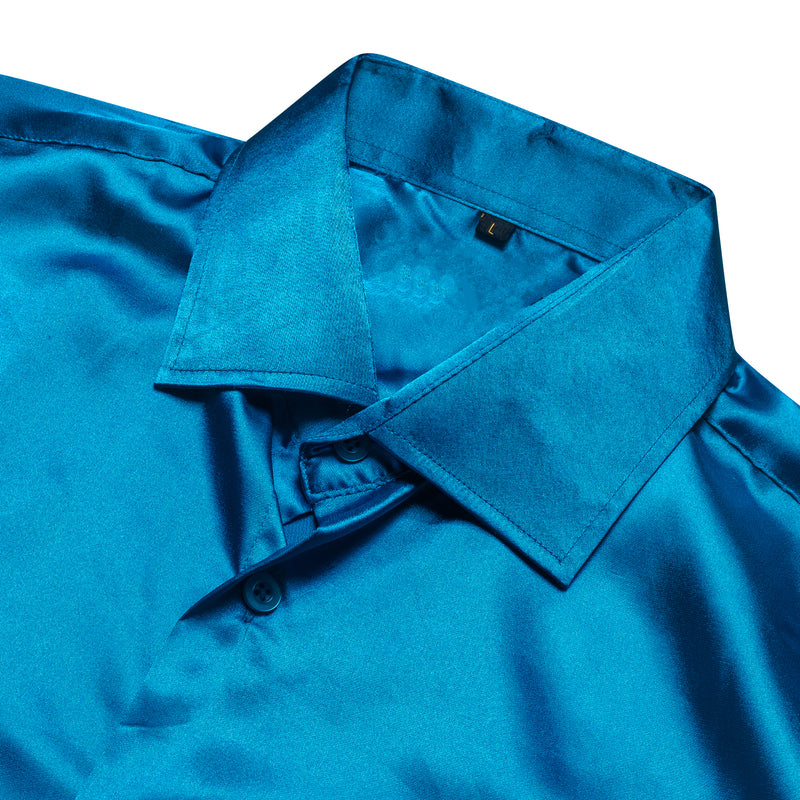 Blue Solid Silk Men's Dress Shirt shirt    - Sophisticated Gentlemen