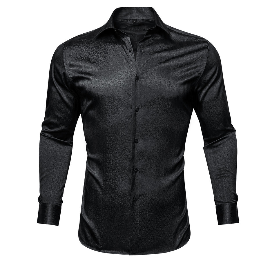Black Solid Woven Silk Dress Shirt shirt S   - Sophisticated Gentlemen