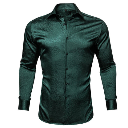 Dark Green Solid Woven Silk Dress Shirt shirt S   - Sophisticated Gentlemen