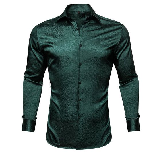 Dark Green Solid Woven Silk Dress Shirt shirt S   - Sophisticated Gentlemen