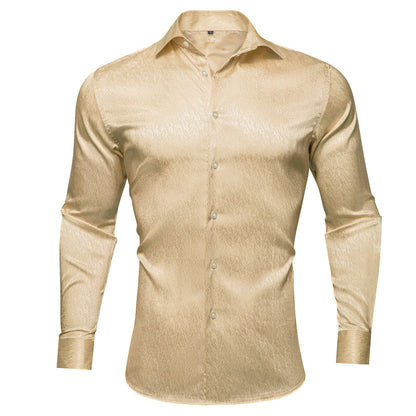 Khaki Solid Woven Silk Dress Shirt shirt S   - Sophisticated Gentlemen
