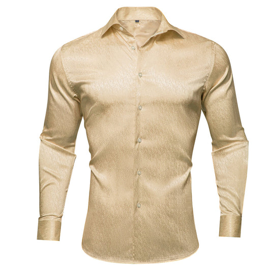 Khaki Solid Woven Silk Dress Shirt shirt S   - Sophisticated Gentlemen