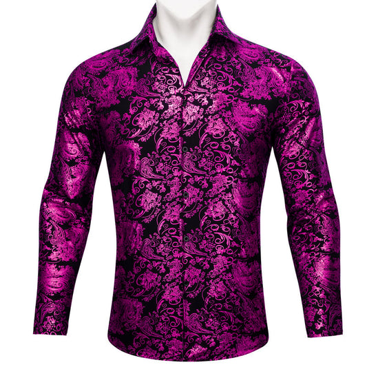 Purple Black Floral Paisley Silk Dress Shirt shirt S   - Sophisticated Gentlemen