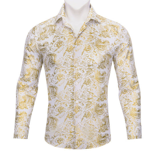 Gold White Floral Paisley Silk Dress Shirt shirt S   - Sophisticated Gentlemen