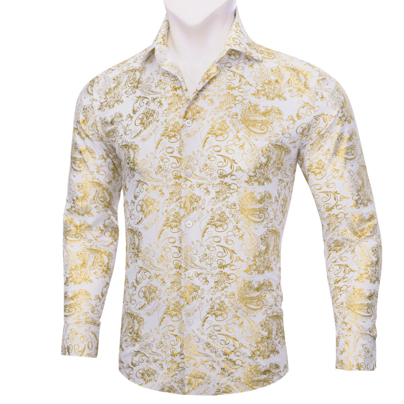 Gold White Floral Paisley Silk Dress Shirt shirt    - Sophisticated Gentlemen