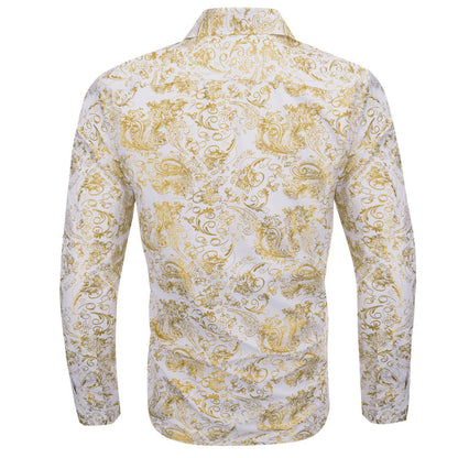 Gold White Floral Paisley Silk Dress Shirt shirt    - Sophisticated Gentlemen