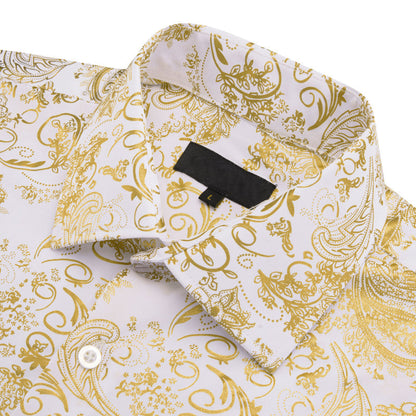 Gold White Floral Paisley Silk Dress Shirt shirt    - Sophisticated Gentlemen
