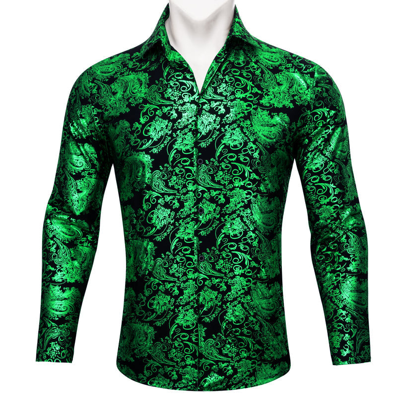 Emerald Green Floral Paisley Silk Dress Shirt shirt S   - Sophisticated Gentlemen