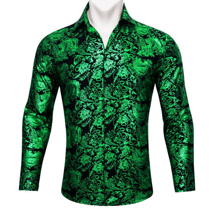 Emerald Green Floral Paisley Silk Dress Shirt shirt S   - Sophisticated Gentlemen