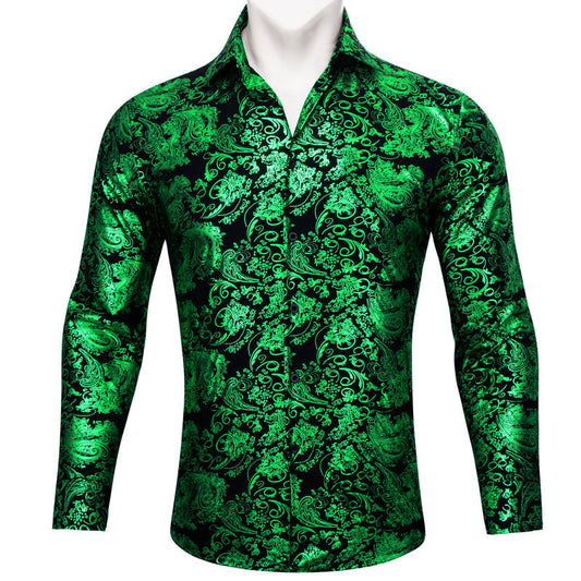 Emerald Green Floral Paisley Silk Dress Shirt shirt S   - Sophisticated Gentlemen