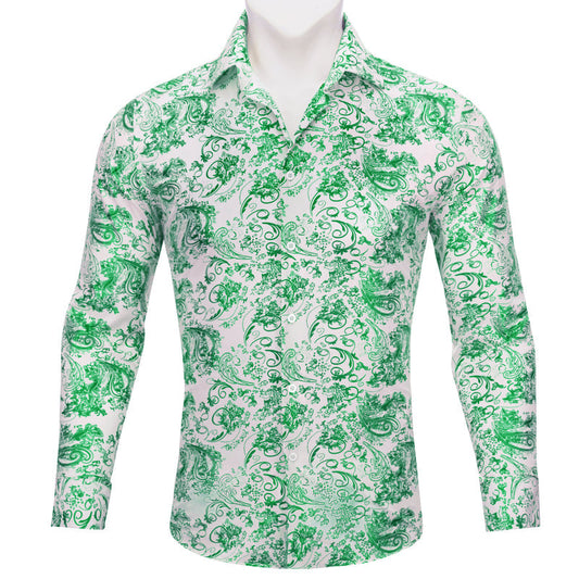 White Green Floral Paisley Silk Dress Shirt shirt S   - Sophisticated Gentlemen