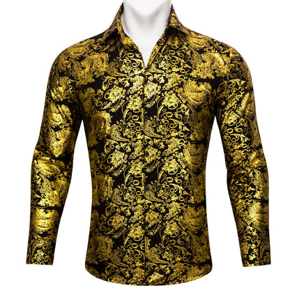 Yellow Black Floral Paisley Silk Dress Shirt shirt S   - Sophisticated Gentlemen