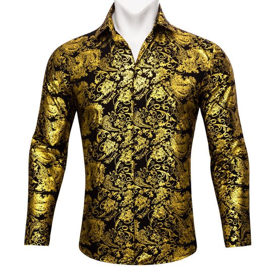 Yellow Black Floral Paisley Silk Dress Shirt shirt S   - Sophisticated Gentlemen