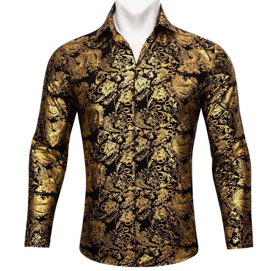 Gold Black Floral Paisley Silk Dress Shirt shirt S   - Sophisticated Gentlemen