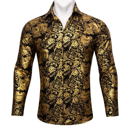 Gold Black Floral Paisley Silk Dress Shirt shirt S   - Sophisticated Gentlemen