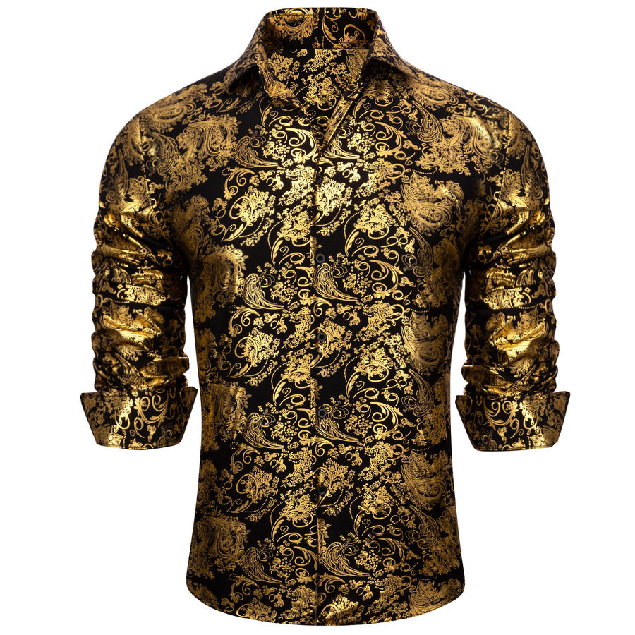 Gold Black Floral Paisley Silk Dress Shirt shirt    - Sophisticated Gentlemen
