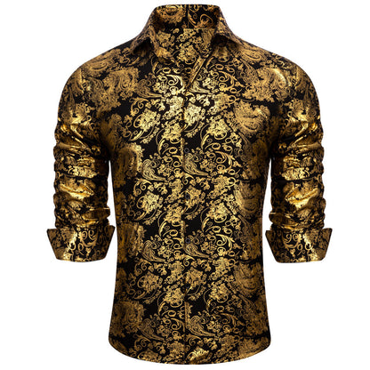 Gold Black Floral Paisley Silk Dress Shirt shirt    - Sophisticated Gentlemen