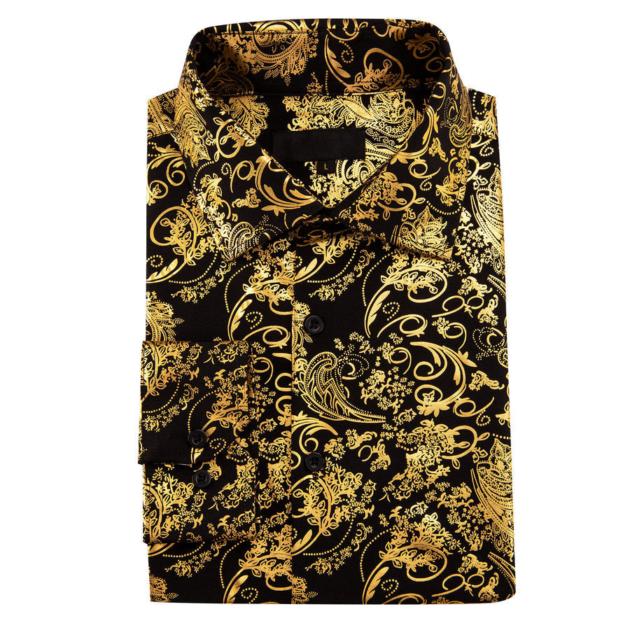 Gold Black Floral Paisley Silk Dress Shirt shirt    - Sophisticated Gentlemen