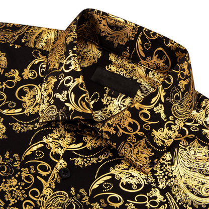 Gold Black Floral Paisley Silk Dress Shirt shirt    - Sophisticated Gentlemen