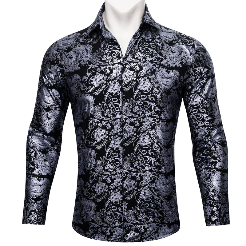 Gray Black Floral Paisley Silk Dress Shirt shirt S   - Sophisticated Gentlemen