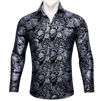 Gray Black Floral Paisley Silk Dress Shirt shirt S   - Sophisticated Gentlemen