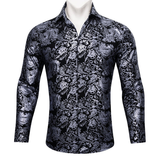 Gray Black Floral Paisley Silk Dress Shirt shirt S   - Sophisticated Gentlemen