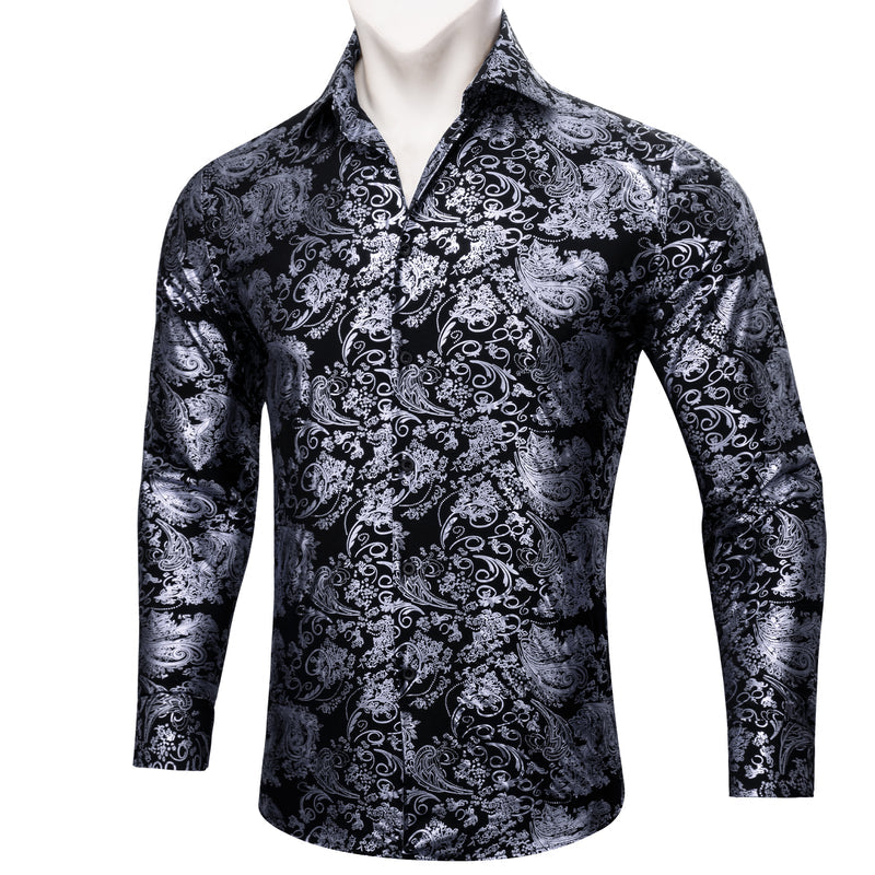 Gray Black Floral Paisley Silk Dress Shirt shirt    - Sophisticated Gentlemen