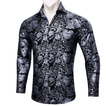 Gray Black Floral Paisley Silk Dress Shirt shirt    - Sophisticated Gentlemen
