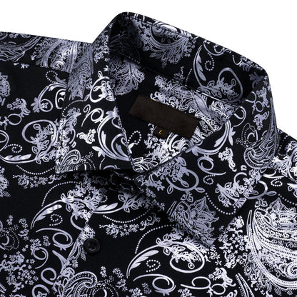 Gray Black Floral Paisley Silk Dress Shirt shirt    - Sophisticated Gentlemen