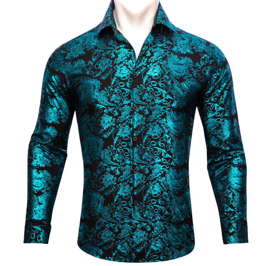 Teal Blue Green Floral Paisley Silk Dress Shirt shirt S   - Sophisticated Gentlemen