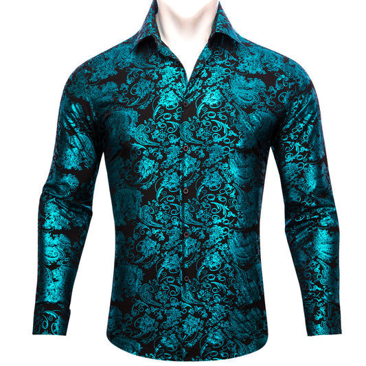 Teal Blue Green Floral Paisley Silk Dress Shirt shirt S   - Sophisticated Gentlemen