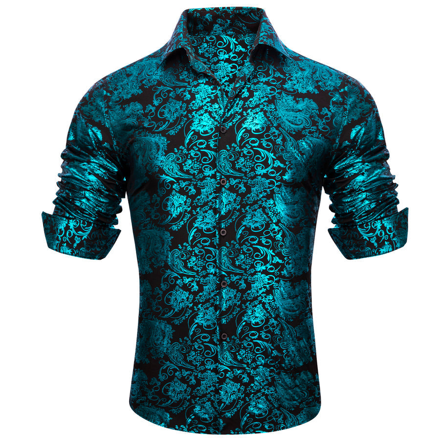 Teal Blue Green Floral Paisley Silk Dress Shirt shirt    - Sophisticated Gentlemen