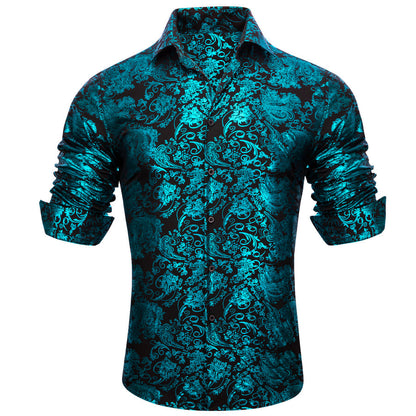 Teal Blue Green Floral Paisley Silk Dress Shirt shirt    - Sophisticated Gentlemen