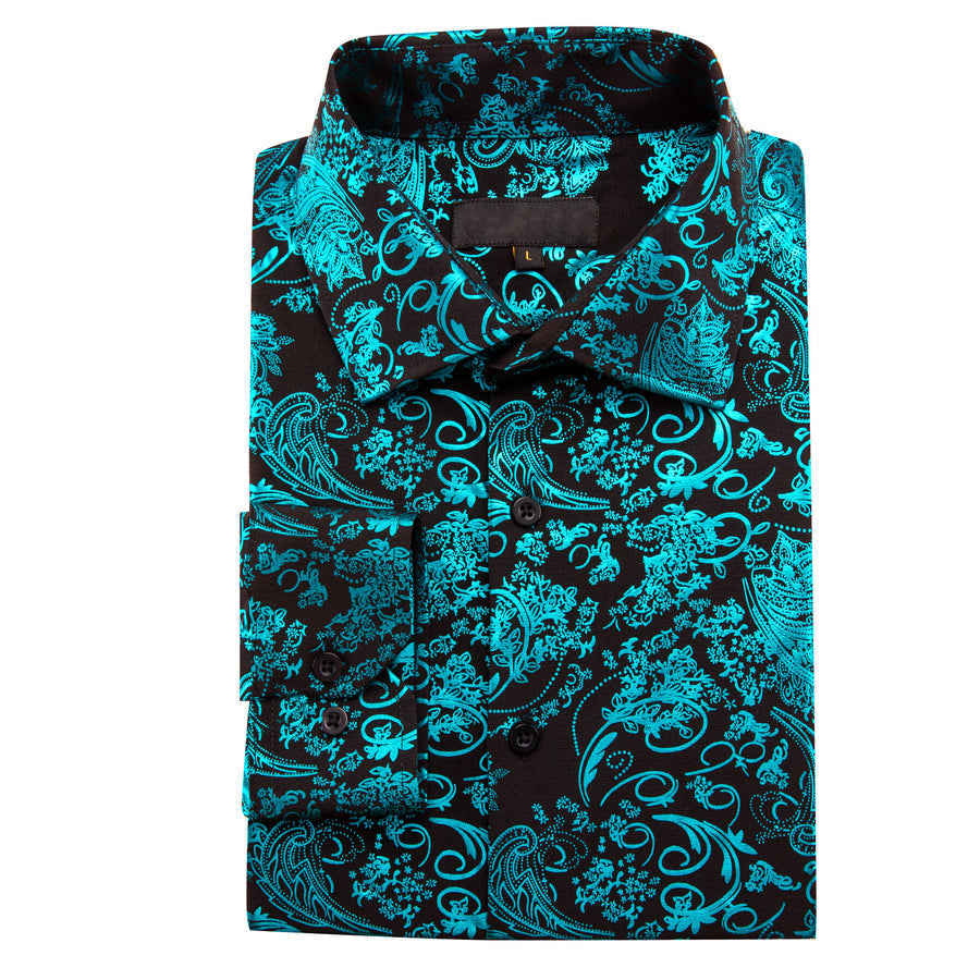 Teal Blue Green Floral Paisley Silk Dress Shirt shirt    - Sophisticated Gentlemen