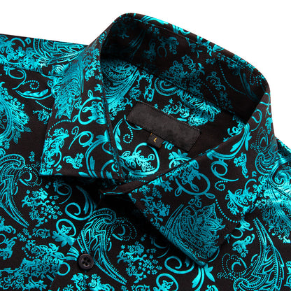 Teal Blue Green Floral Paisley Silk Dress Shirt shirt    - Sophisticated Gentlemen