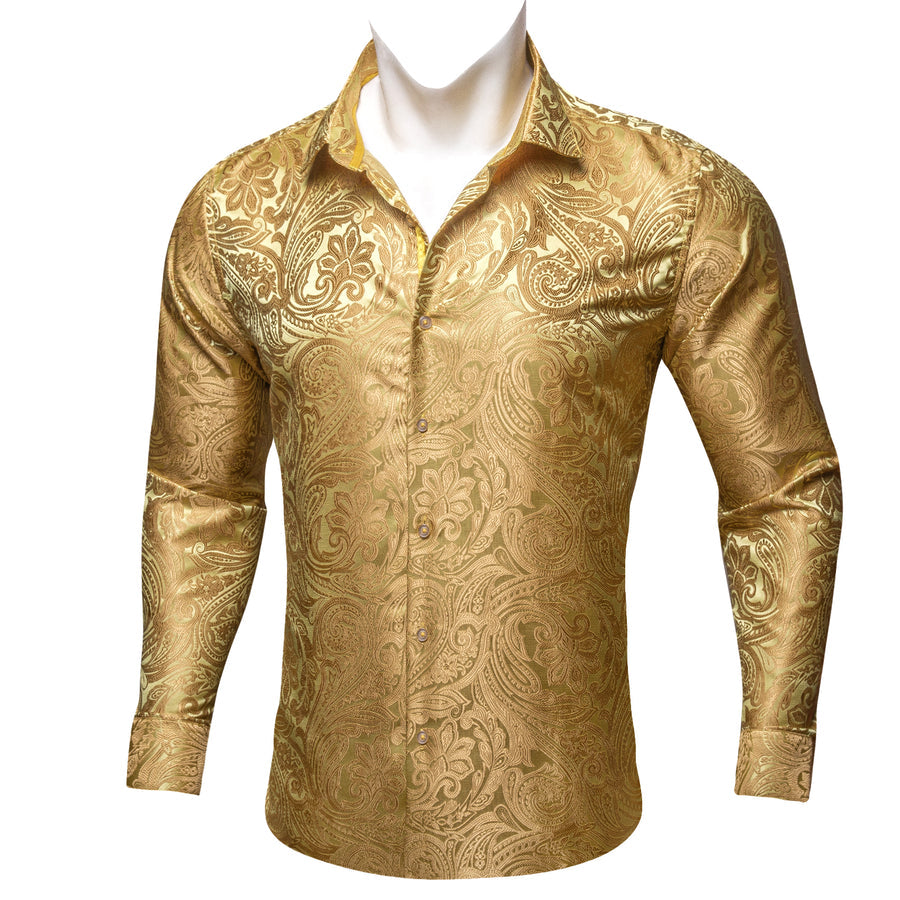 Yellow Paisley Flower Pattern Silk Dress Shirt shirt    - Sophisticated Gentlemen