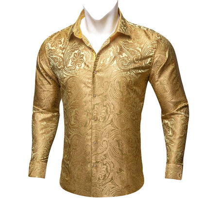 Yellow Paisley Flower Pattern Silk Dress Shirt shirt    - Sophisticated Gentlemen