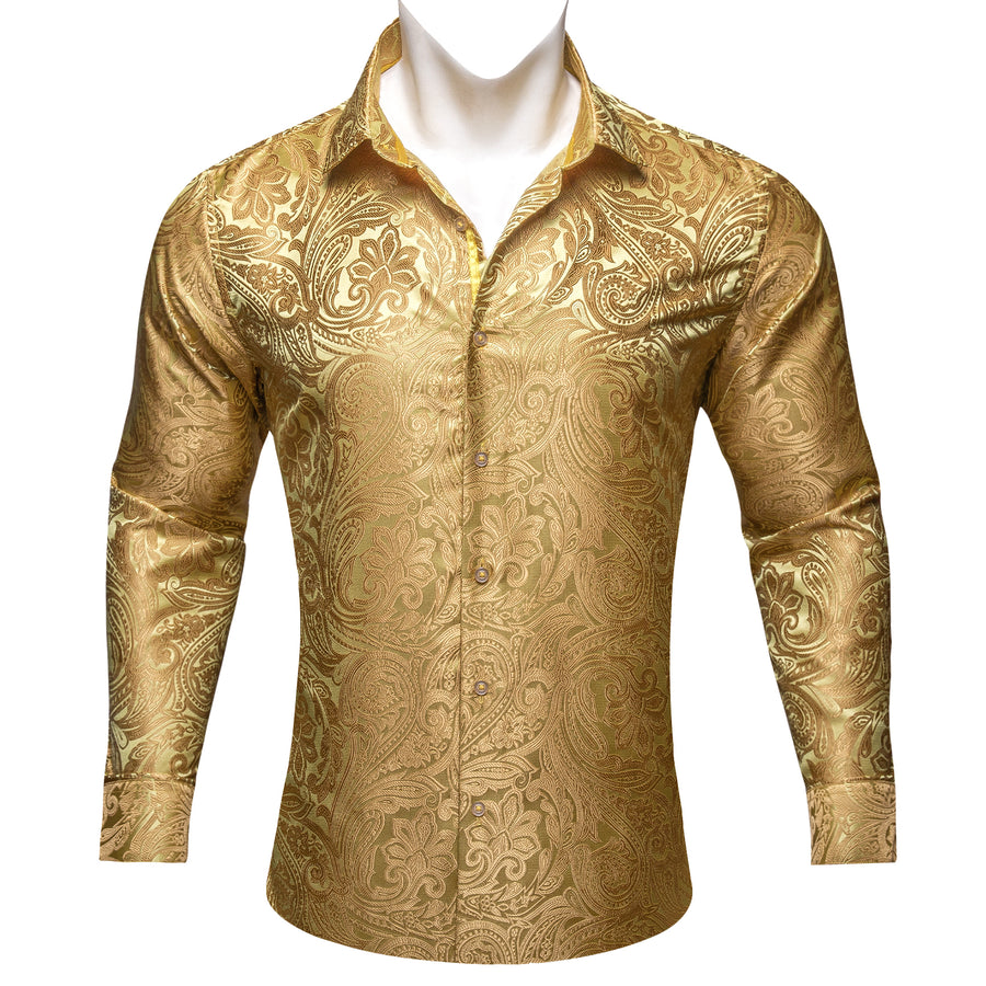 Yellow Paisley Flower Pattern Silk Dress Shirt shirt S   - Sophisticated Gentlemen