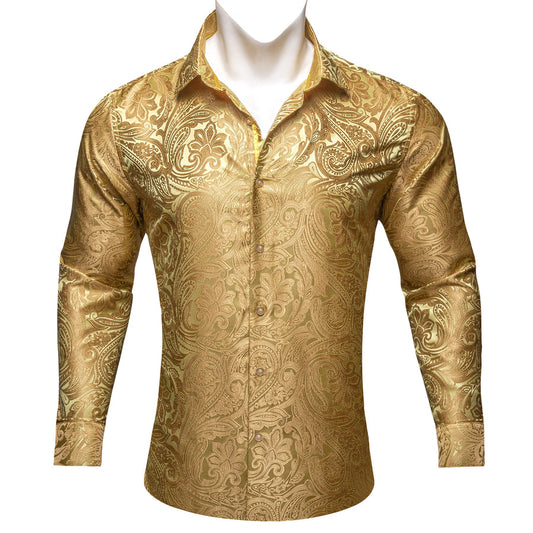 Yellow Paisley Flower Pattern Silk Dress Shirt shirt S   - Sophisticated Gentlemen