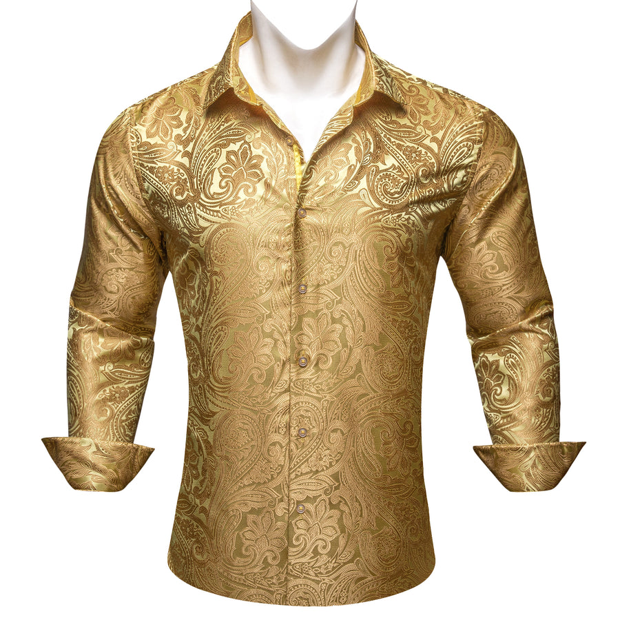 Yellow Paisley Flower Pattern Silk Dress Shirt shirt    - Sophisticated Gentlemen
