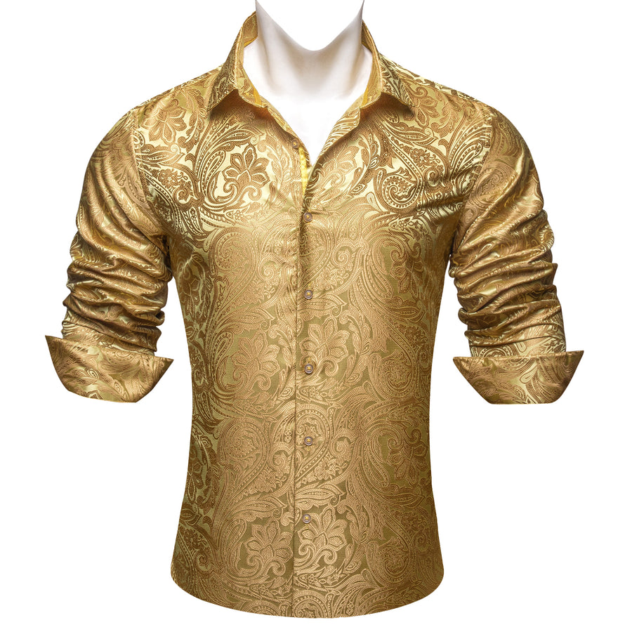 Yellow Paisley Flower Pattern Silk Dress Shirt shirt    - Sophisticated Gentlemen