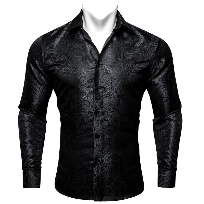 Black Paisley Pattern Silk Dress Shirt shirt S   - Sophisticated Gentlemen