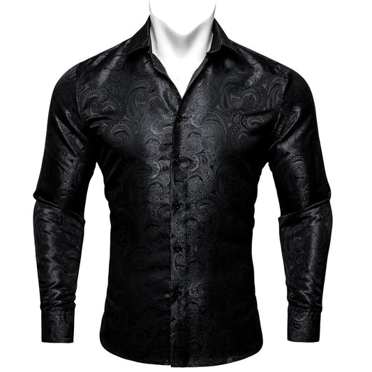 Black Paisley Pattern Silk Dress Shirt shirt S   - Sophisticated Gentlemen