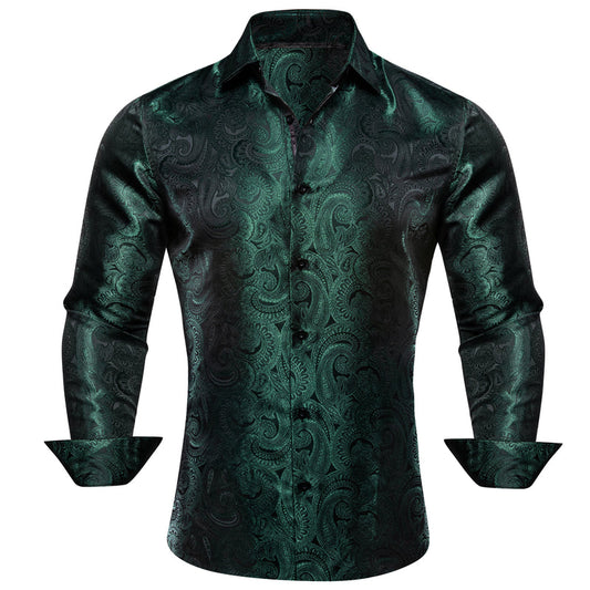 Luxury Green Paisley Pattern Silk Dress Shirt shirt S   - Sophisticated Gentlemen