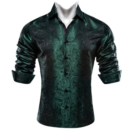 Luxury Green Paisley Pattern Silk Dress Shirt shirt    - Sophisticated Gentlemen