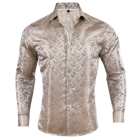 Champagne Golden Paisley Pattern Silk Dress Shirt shirt S   - Sophisticated Gentlemen