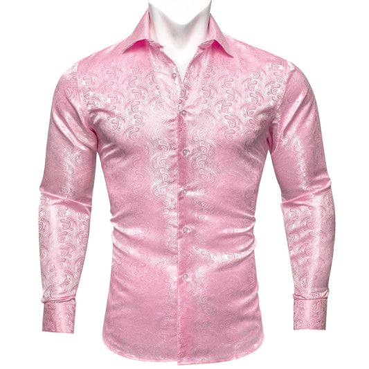 Pink Paisley Pattern Silk Dress Shirt shirt S   - Sophisticated Gentlemen