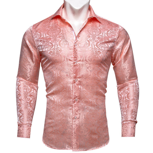 Pink Floral Pattern Silk Dress Shirt shirt S   - Sophisticated Gentlemen