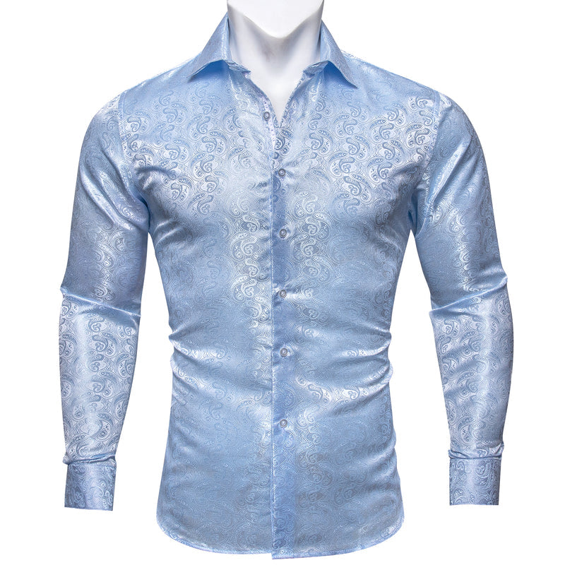 Baby Blue Paisley Pattern Silk Dress Shirt shirt S   - Sophisticated Gentlemen